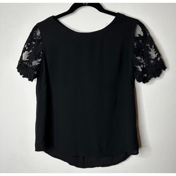 Lush Black Sheer Mesh Floral Lace Short Sleeve Keyhole Button Flowy Blouse M - Picture 1 of 13